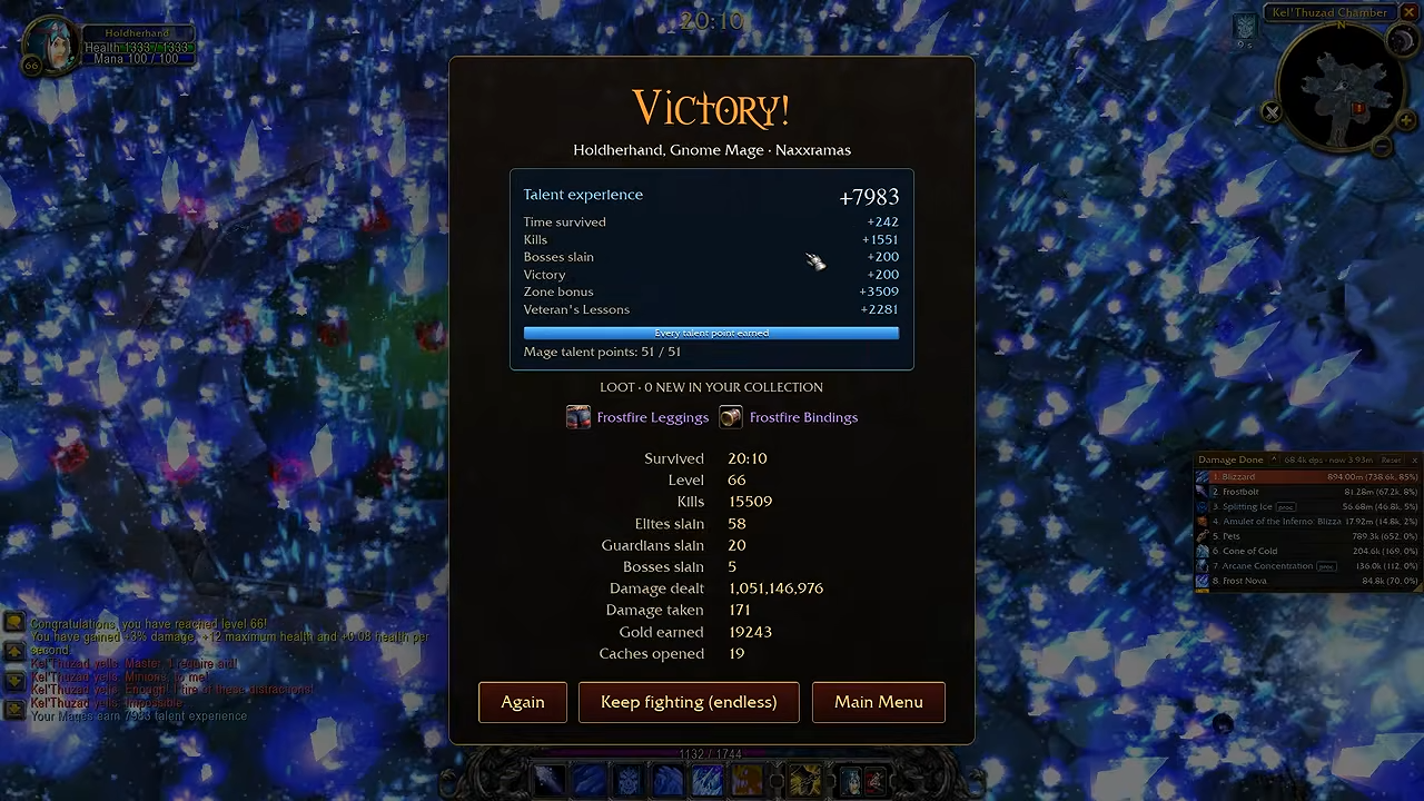Recorded Mage victory screen for Naxxramas, showing 20 minutes 10 seconds and five bosses slain.