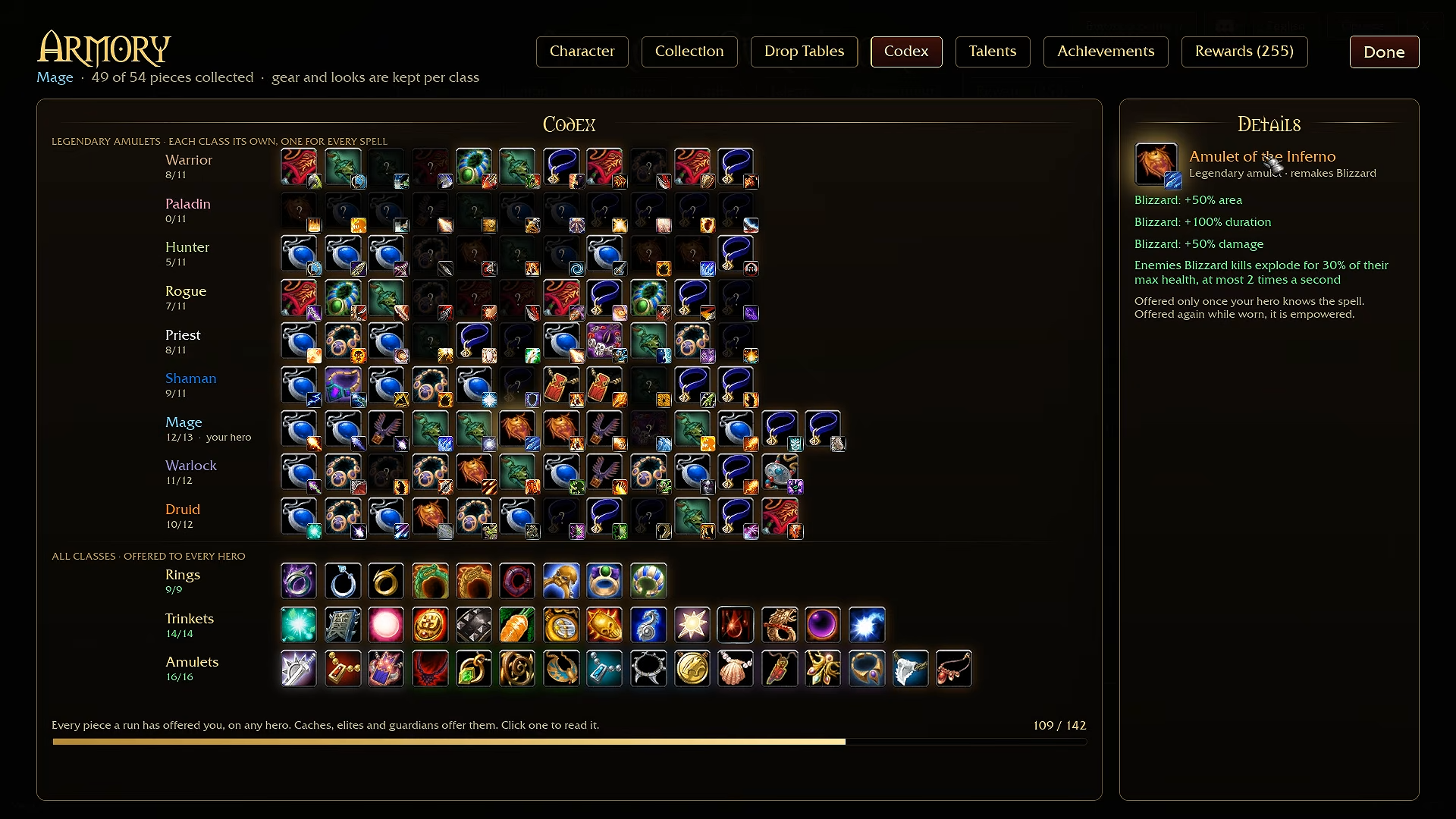 Recorded Mage Codex showing the Blizzard amulet and its effects and prerequisites.