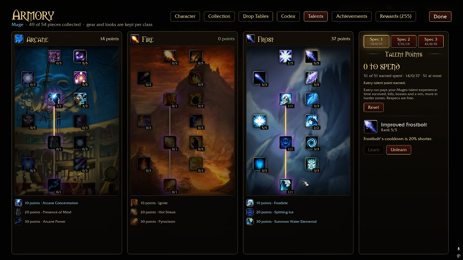 Recorded Mage talent screen showing 14 Arcane, zero Fire and 37 Frost points.