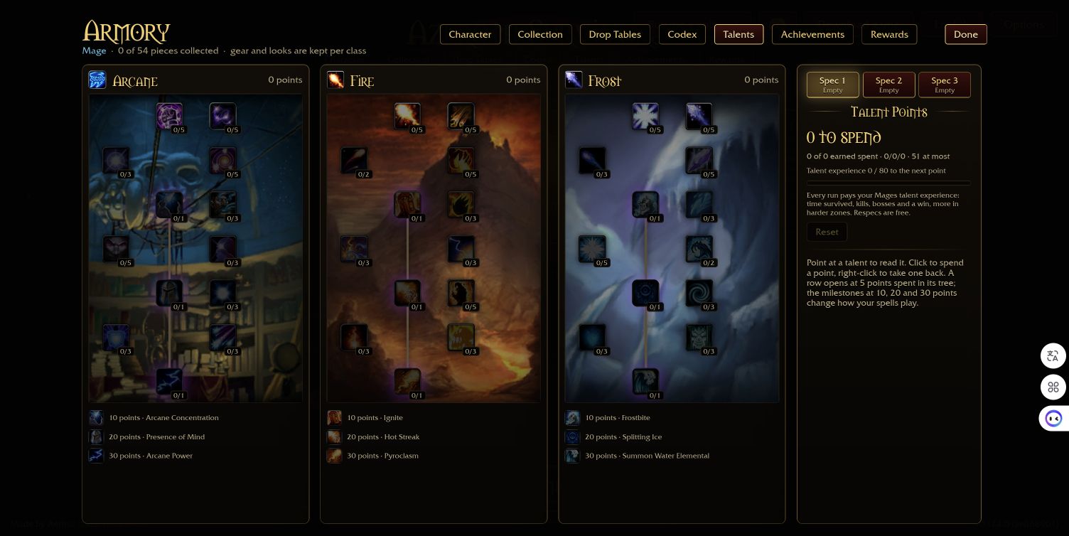 Fresh Mage talent screen with Arcane, Fire and Frost trees and no points spent.