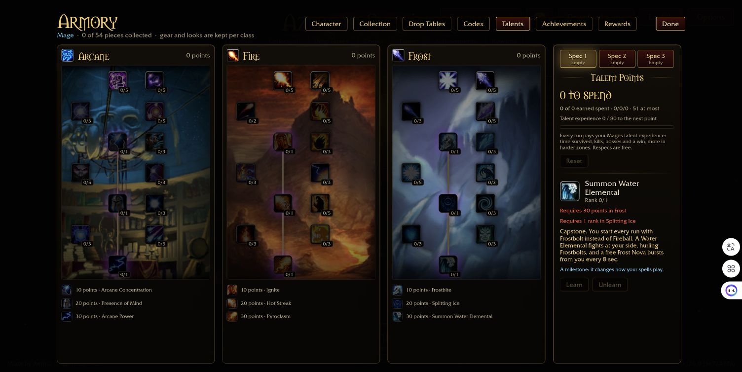 Fresh Mage talent screen showing Summon Water Elemental at rank zero and its Frost and Splitting Ice requirements.