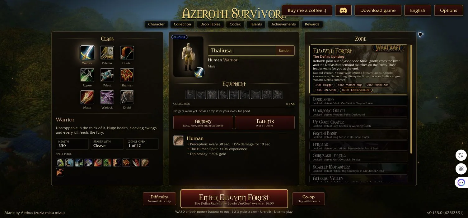 Azeroth Survivors character selection screen