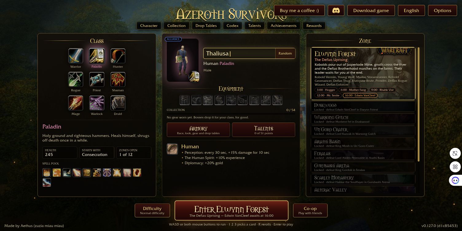 Fresh Paladin character selection showing 245 health, Consecration and version 0.127.0.