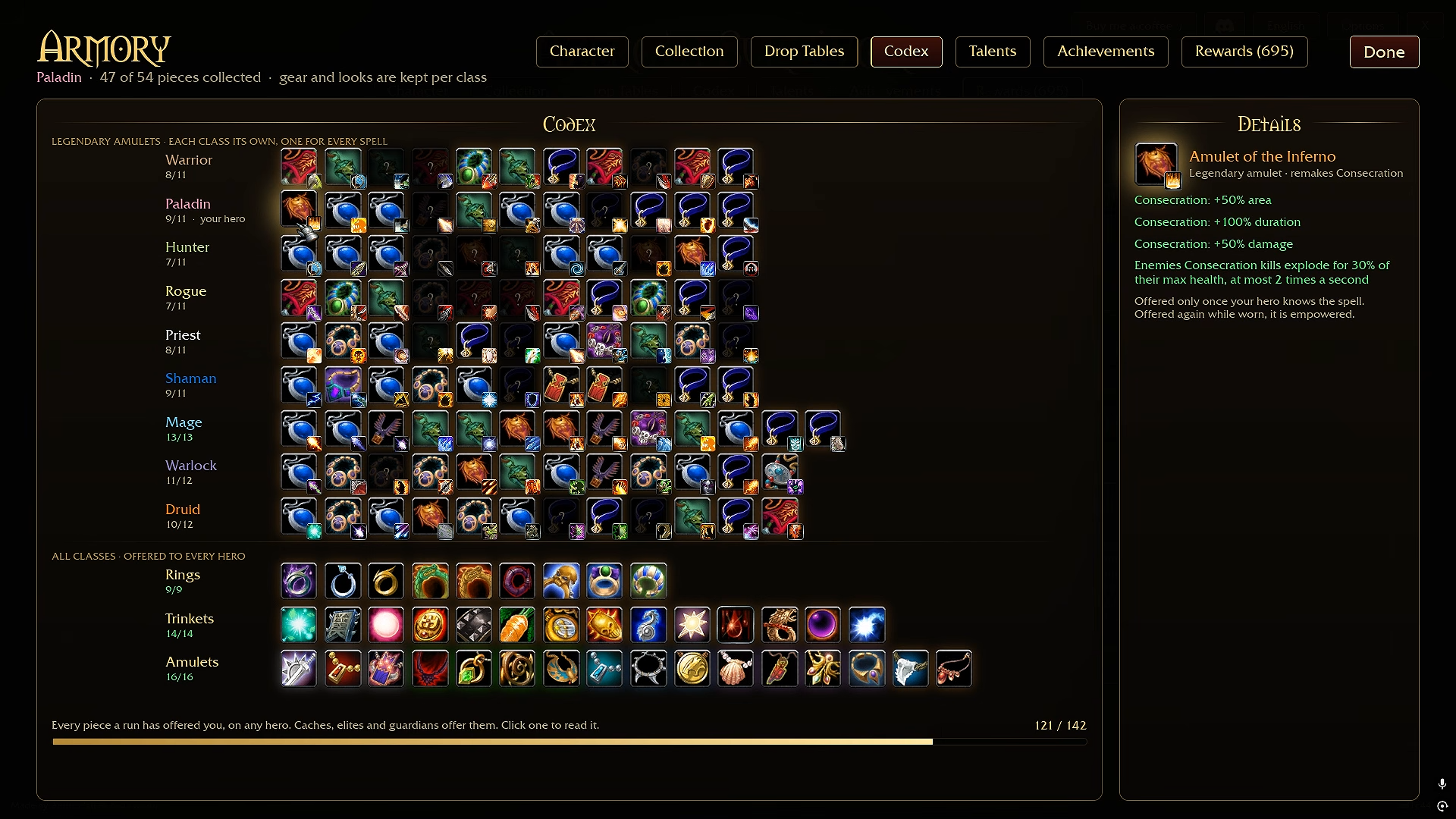 Recorded Paladin Codex showing the Consecration amulet's effects and offer condition.
