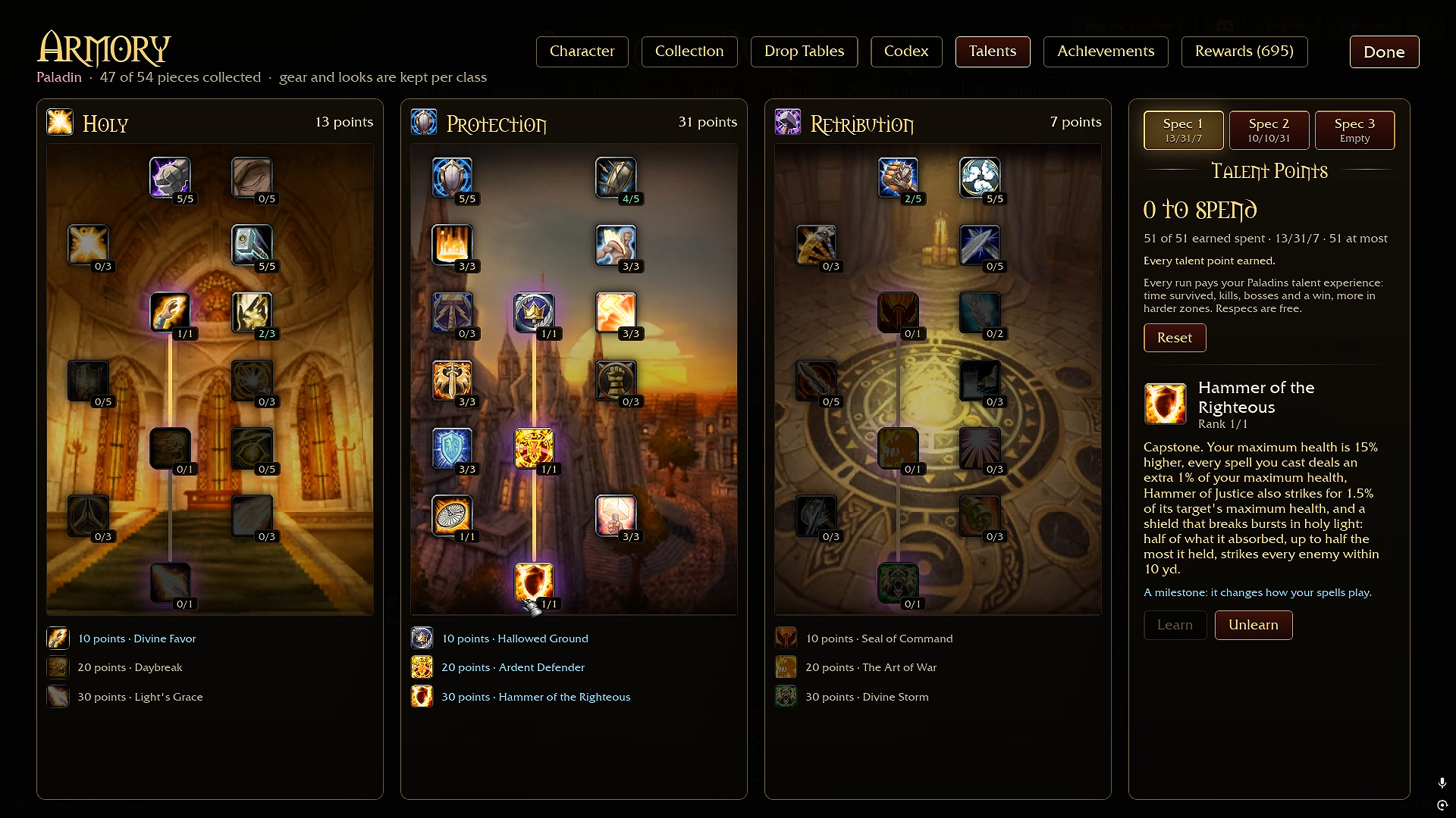 Recorded Paladin talent screen showing 13 Holy, 31 Protection and seven Retribution points.