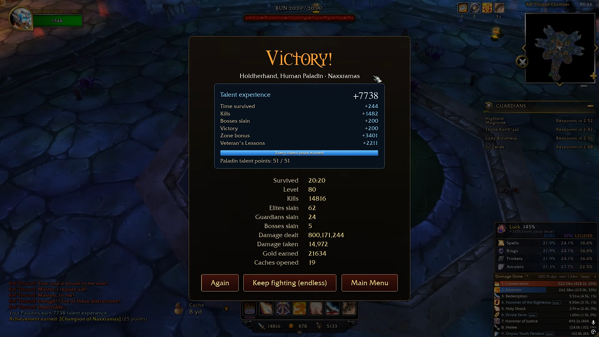 Recorded Paladin victory screen for Naxxramas showing 20 minutes 20 seconds and five bosses slain.