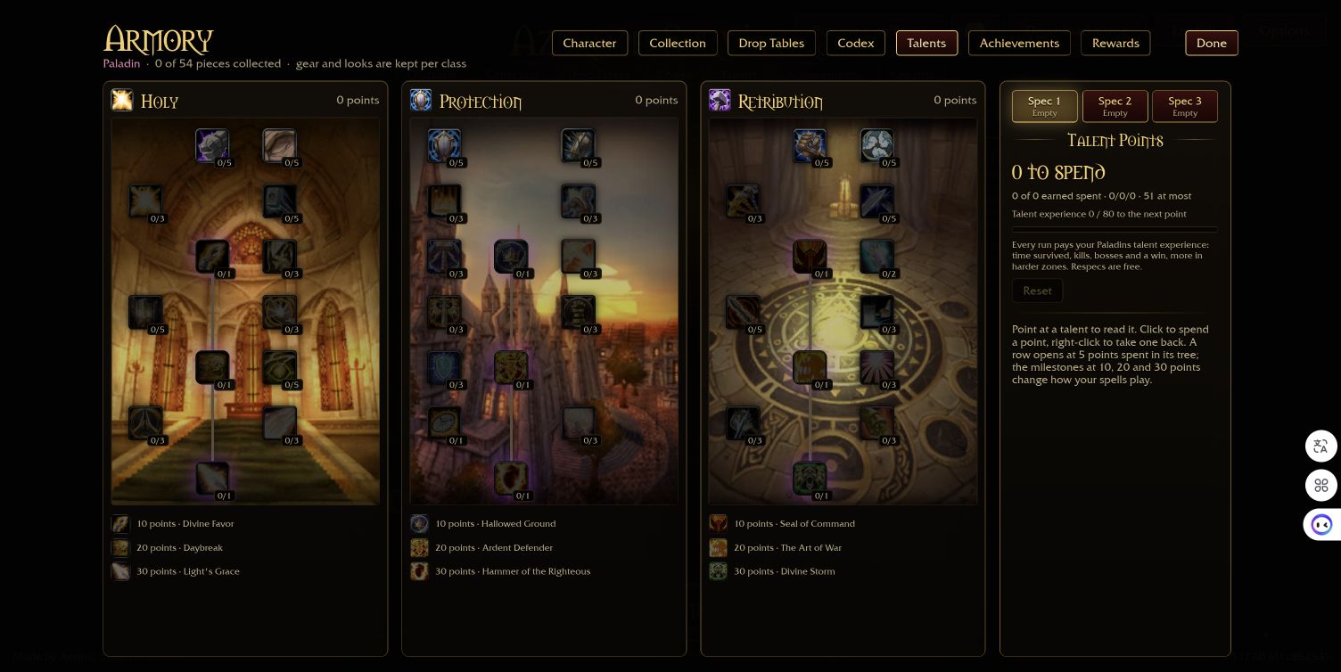Fresh Paladin talent menu showing Holy, Protection and Retribution milestone lists.