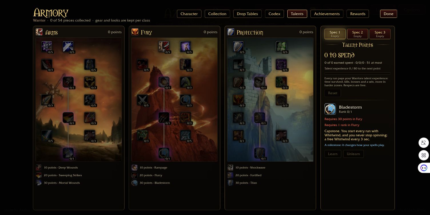 Fresh Warrior talent screen showing Bladestorm at rank zero with Fury and Flurry prerequisites.