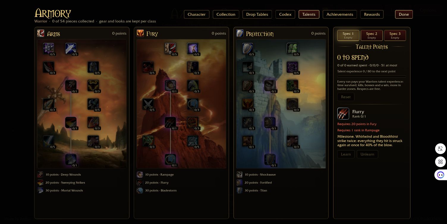Fresh Warrior talent screen showing Flurry at rank zero and its Fury and Rampage prerequisites.