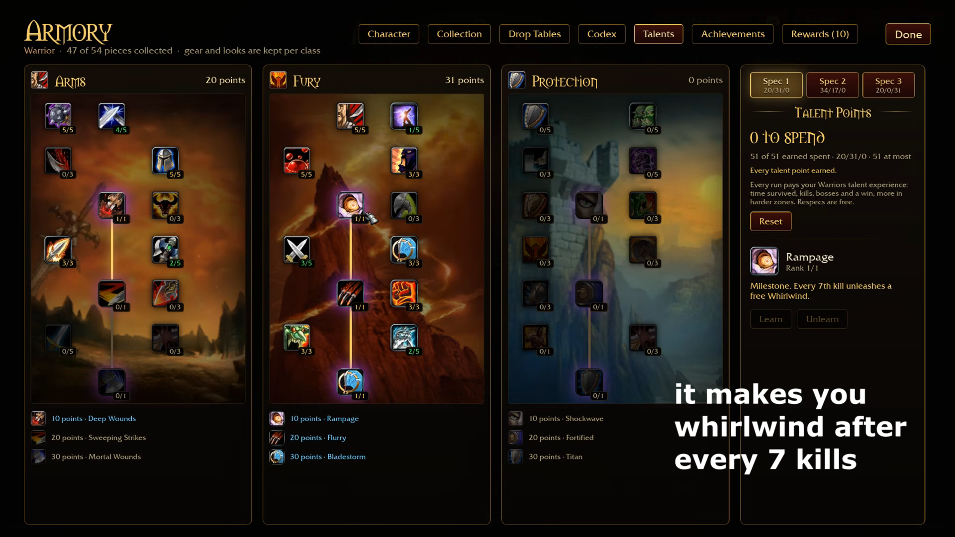 Recorded Warrior talent screen showing 20 Arms, 31 Fury, zero Protection and the learned Rampage tooltip.